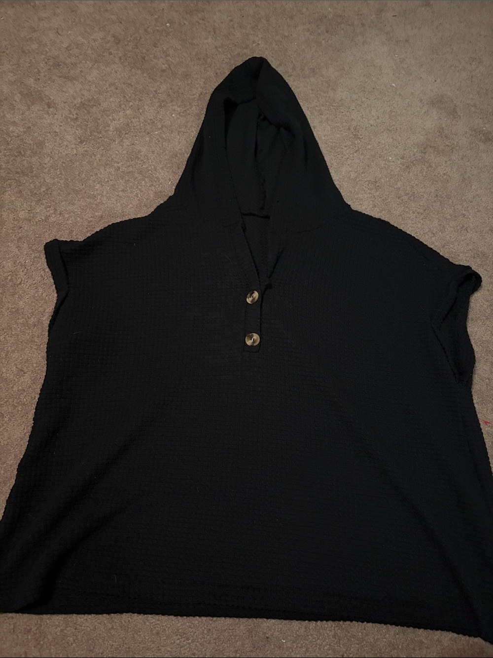 SHEIN Black Hooded Short Sleeve Sweater with Button Placket